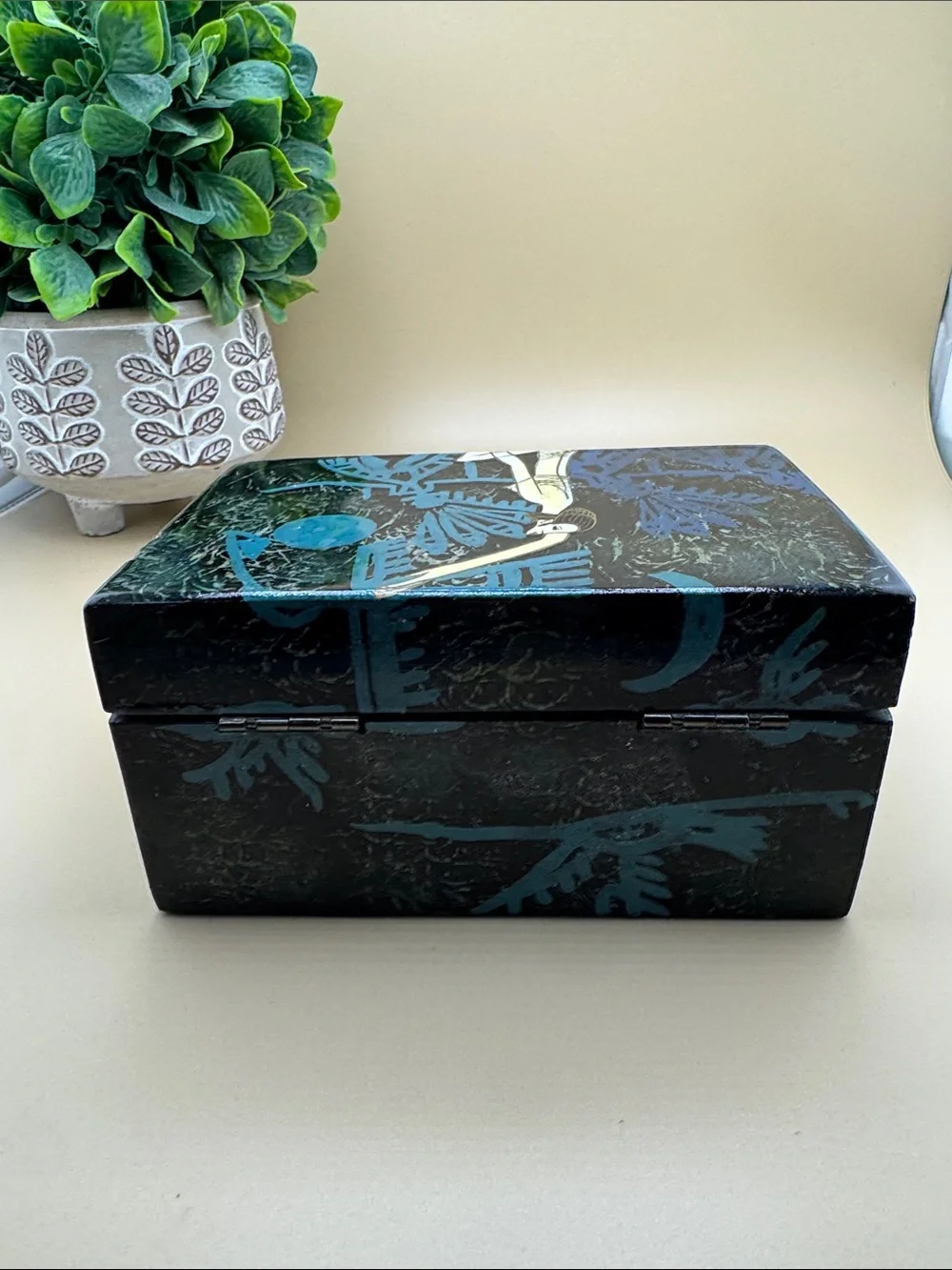 Vintage Hand Painted Wooden Jewelry Box Blue Black Asian Art Trinket Box
